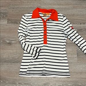 Tory Burch Striped Long Sleeve Top with Orange Collar
